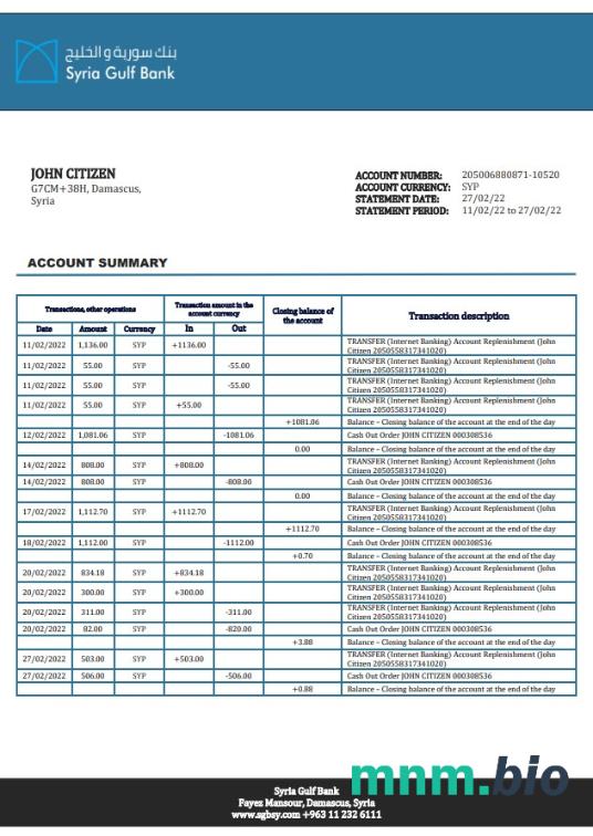 Syria Cham Bank dowód adresu szablon oświadczenia w formacie Word i PDF,.doc i .format pdf